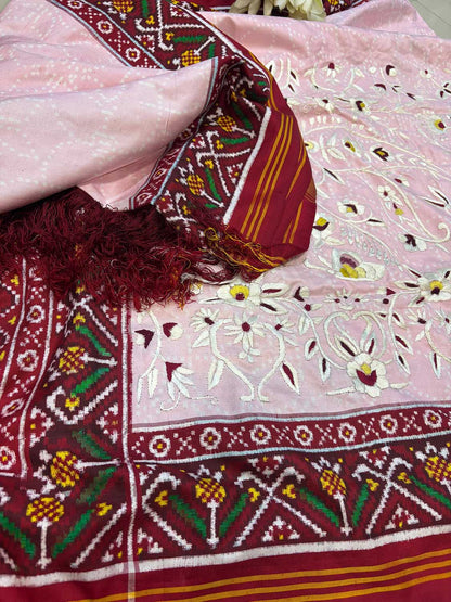 Pink Handloom Double Ikat Patan Patola Pure Silk Saree With Hand Parsi Work - Luxurion World