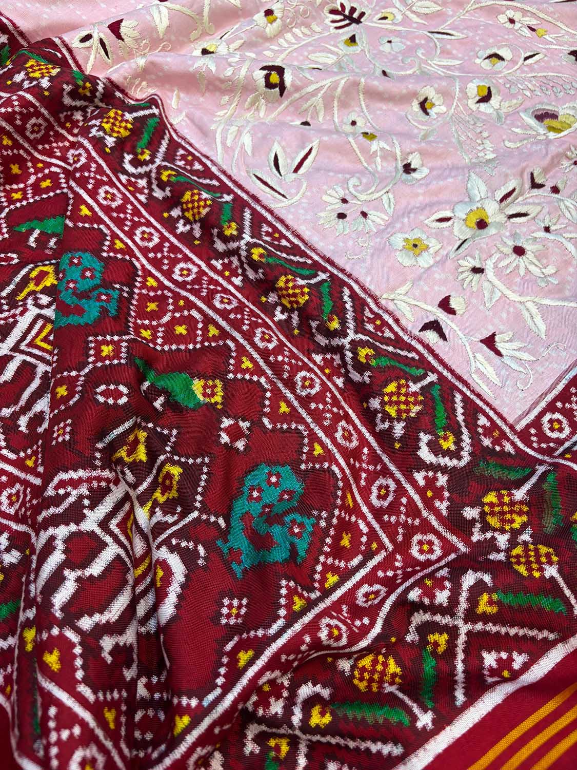 Pink Handloom Double Ikat Patan Patola Pure Silk Saree With Hand Parsi Work - Luxurion World