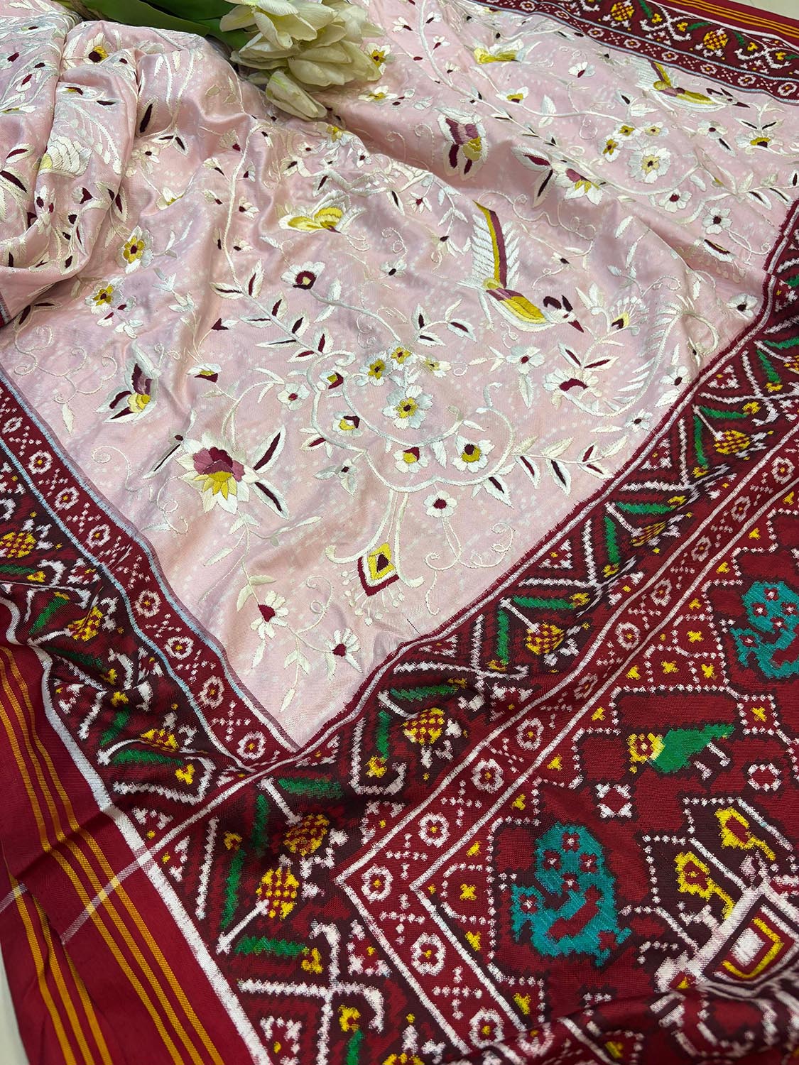 Pink Handloom Double Ikat Patan Patola Pure Silk Saree With Hand Parsi Work - Luxurion World