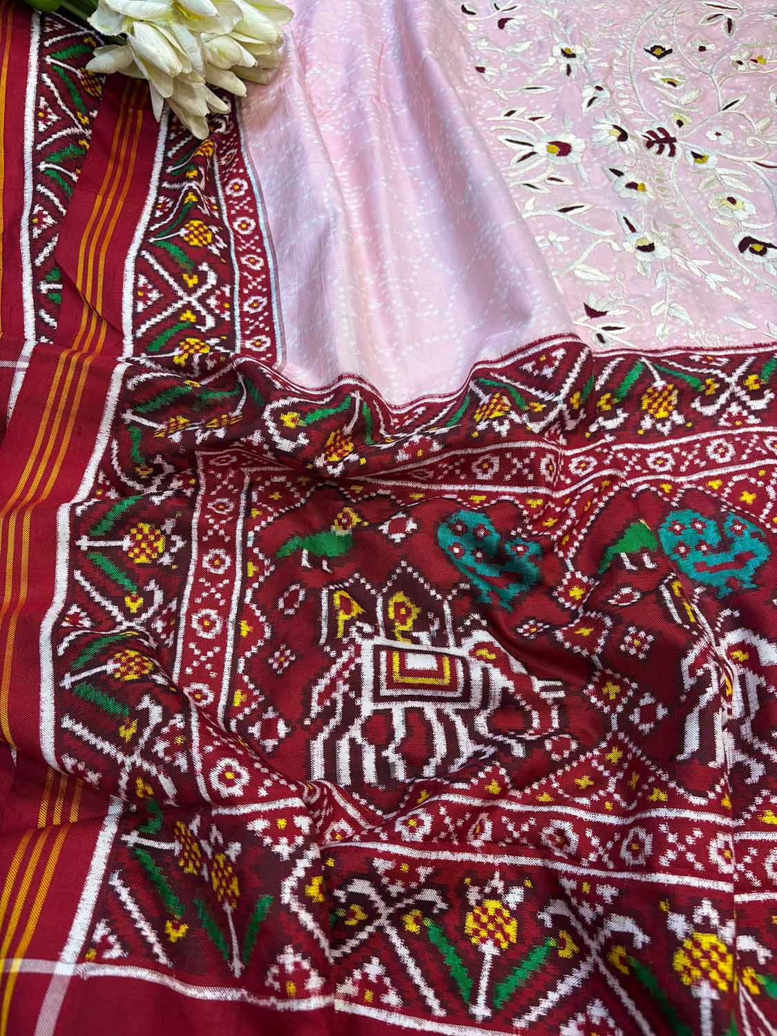 Pink Handloom Double Ikat Patan Patola Pure Silk Saree With Hand Parsi Work - Luxurion World