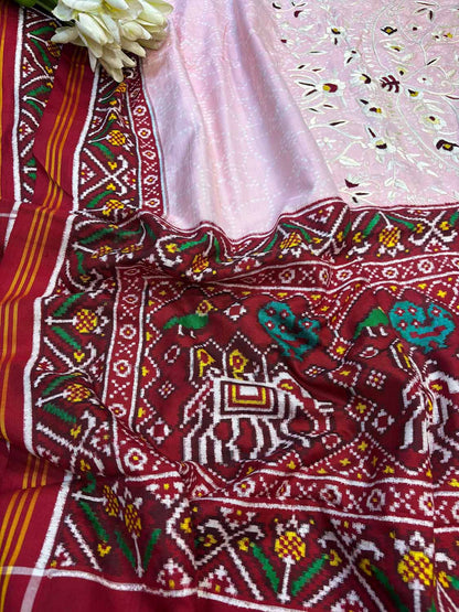 Pink Handloom Double Ikat Patan Patola Pure Silk Saree With Hand Parsi Work - Luxurion World