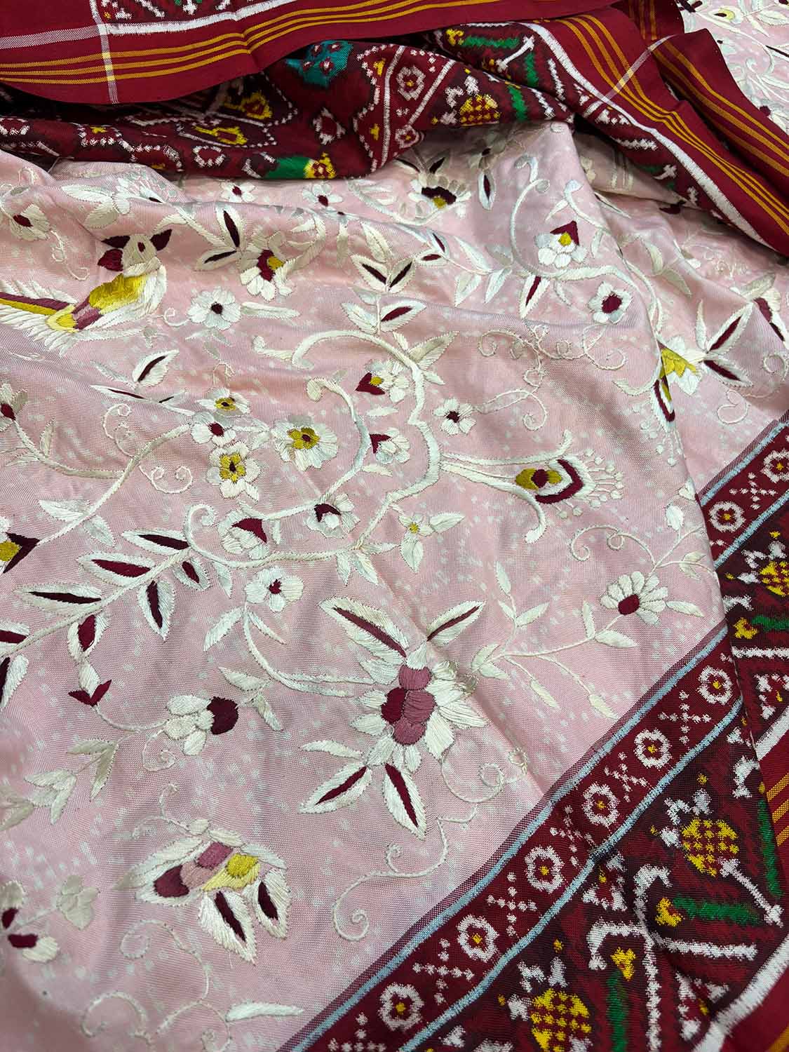 Pink Handloom Double Ikat Patan Patola Pure Silk Saree With Hand Parsi Work - Luxurion World