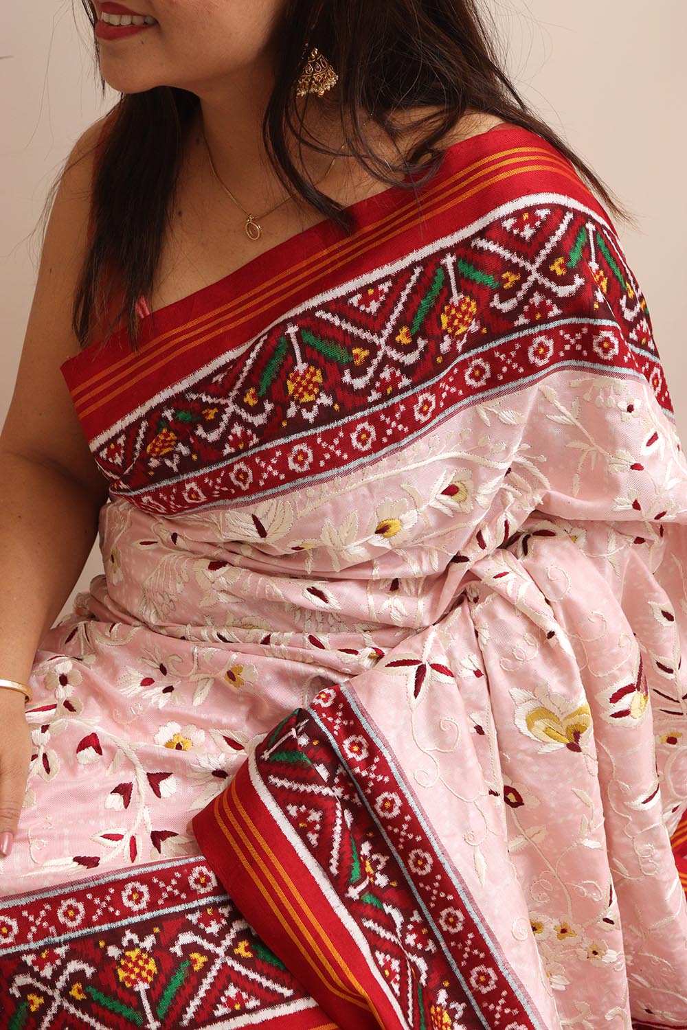 Pink Handloom Double Ikat Patan Patola Pure Silk Saree With Hand Parsi Work - Luxurion World
