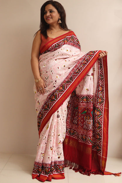 Pink Handloom Double Ikat Patan Patola Pure Silk Saree With Hand Parsi Work - Luxurion World