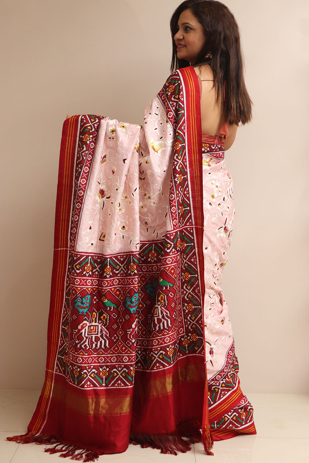 Pink Handloom Double Ikat Patan Patola Pure Silk Saree With Hand Parsi Work - Luxurion World