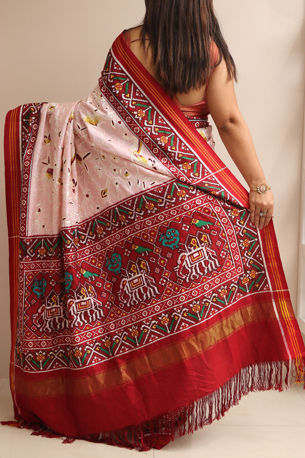 Pink Handloom Double Ikat Patan Patola Pure Silk Saree With Hand Parsi Work - Luxurion World