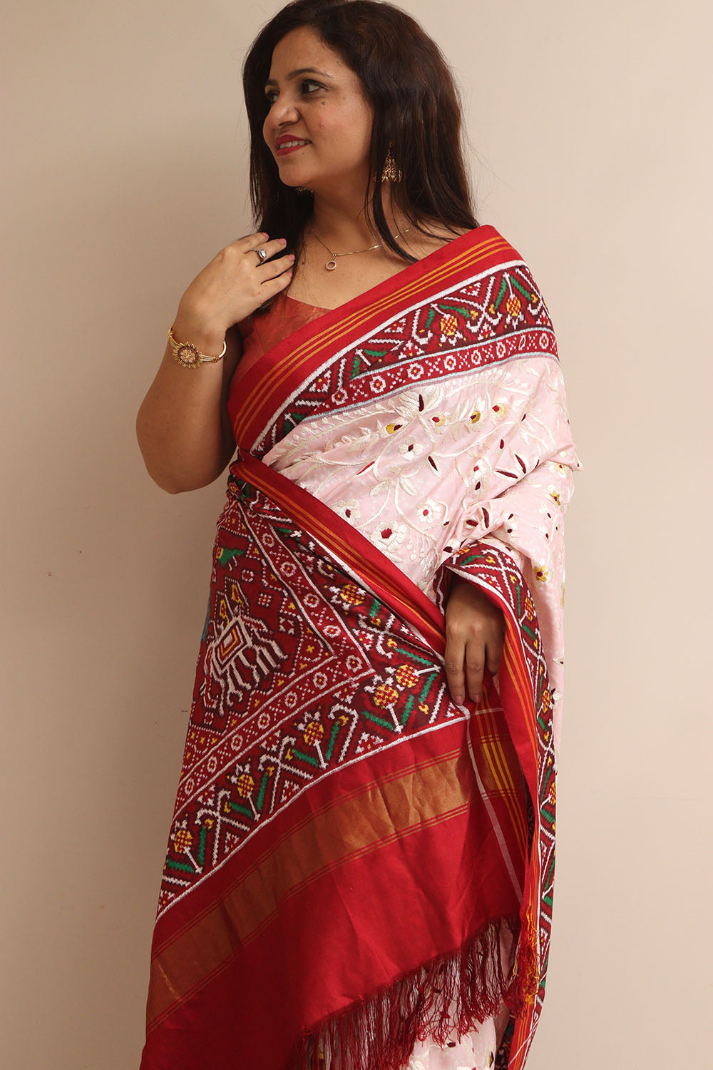 Pink Handloom Double Ikat Patan Patola Pure Silk Saree With Hand Parsi Work - Luxurion World