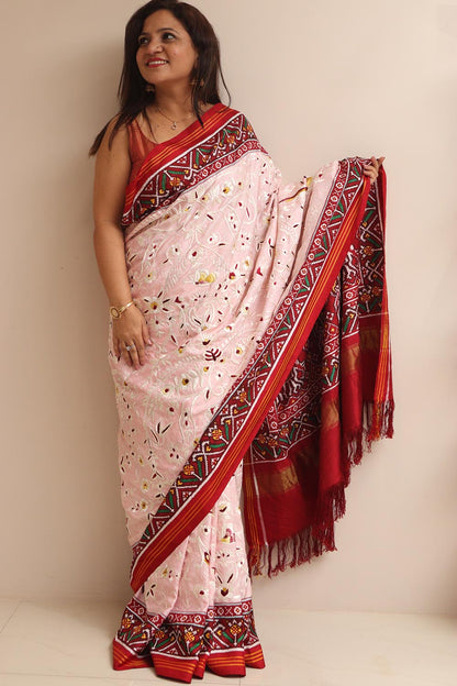 Pink Handloom Double Ikat Patan Patola Pure Silk Saree With Hand Parsi Work - Luxurion World