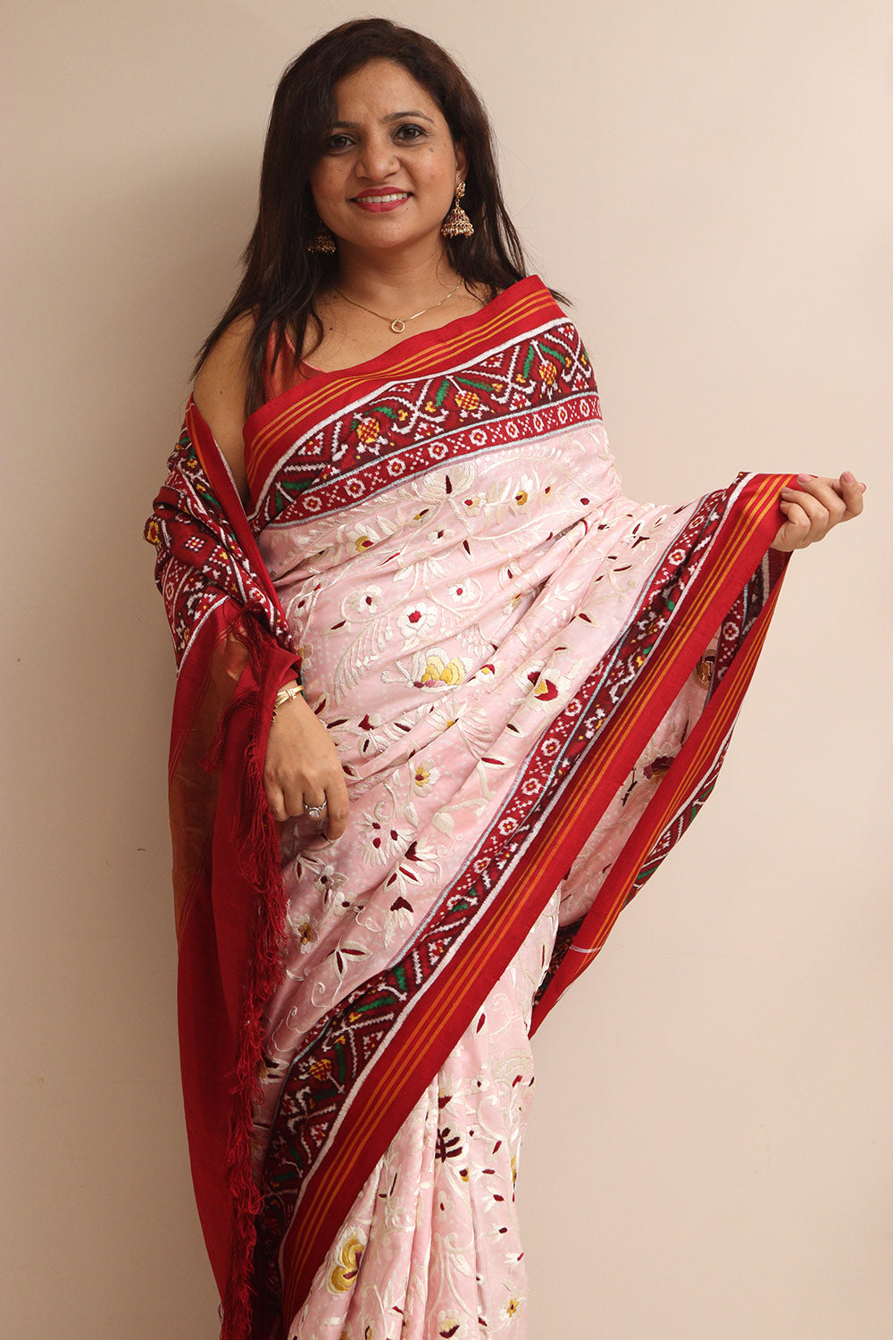 Pink Handloom Double Ikat Patan Patola Pure Silk Saree With Hand Parsi Work - Luxurion World