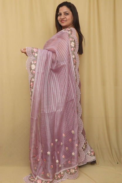 Stylish Purple Trendy Organza Tissue Embroidered Saree - Luxurion World