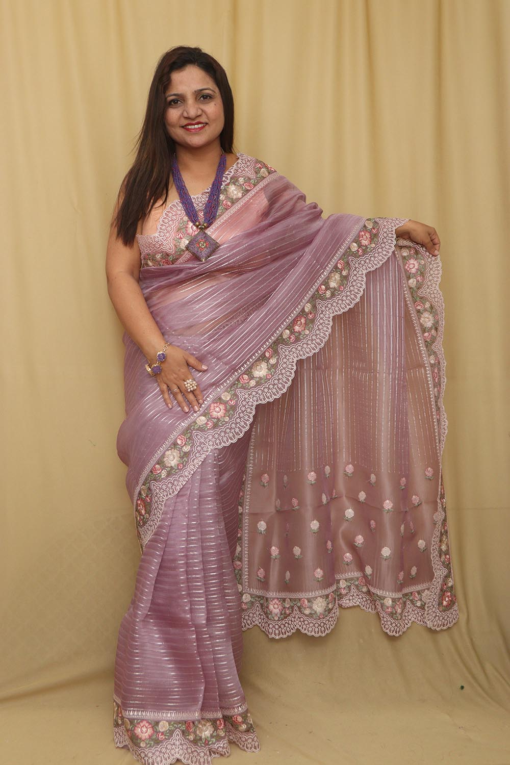 Stylish Purple Trendy Organza Tissue Embroidered Saree - Luxurion World