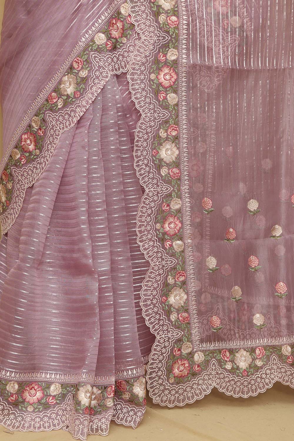 Stylish Purple Trendy Organza Tissue Embroidered Saree - Luxurion World