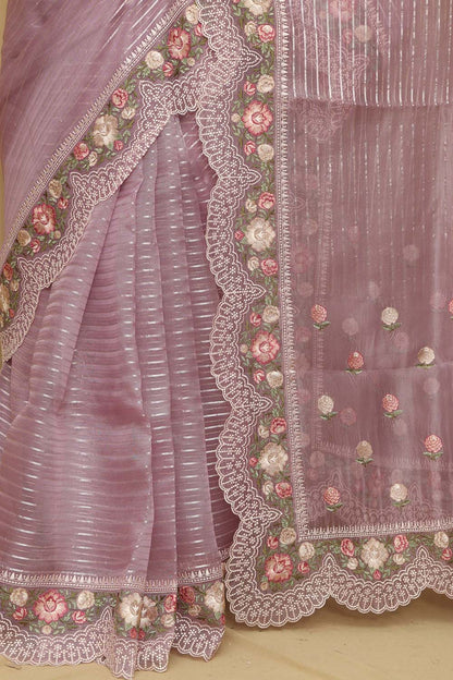 Stylish Purple Trendy Organza Tissue Embroidered Saree - Luxurion World