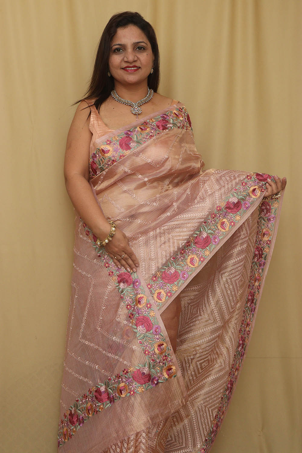 Pink Trendy Parsi Tissue Kota Embroidered Saree - Luxurion World