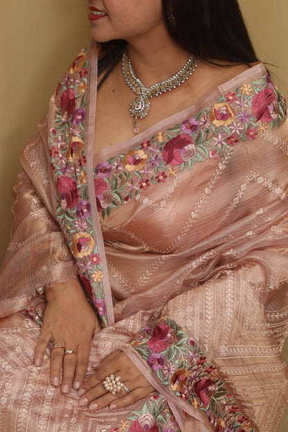 Pink Trendy Parsi Tissue Kota Embroidered Saree - Luxurion World