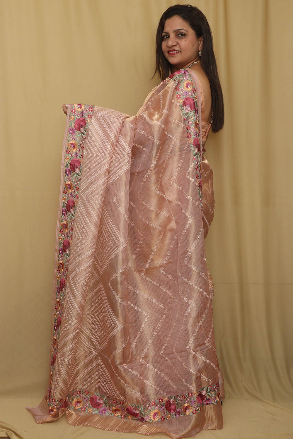 Pink Trendy Parsi Tissue Kota Embroidered Saree - Luxurion World