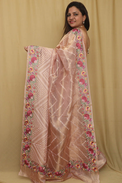 Pink Trendy Parsi Tissue Kota Embroidered Saree - Luxurion World