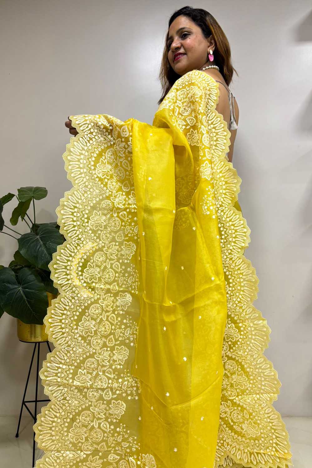 Yellow Trendy Pure Organza Silk Embroidered Saree - Luxurion World