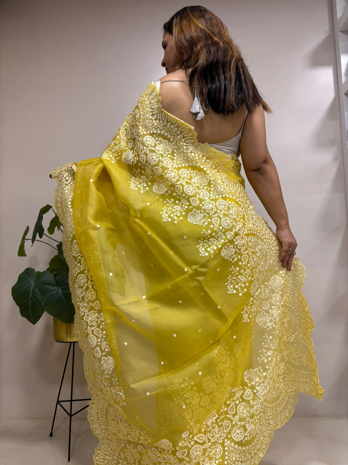 Yellow Trendy Pure Organza Silk Embroidered Saree - Luxurion World