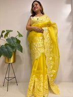 Yellow Trendy Pure Organza Silk Embroidered Saree - Luxurion World