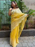 Yellow Trendy Pure Organza Silk Embroidered Saree - Luxurion World