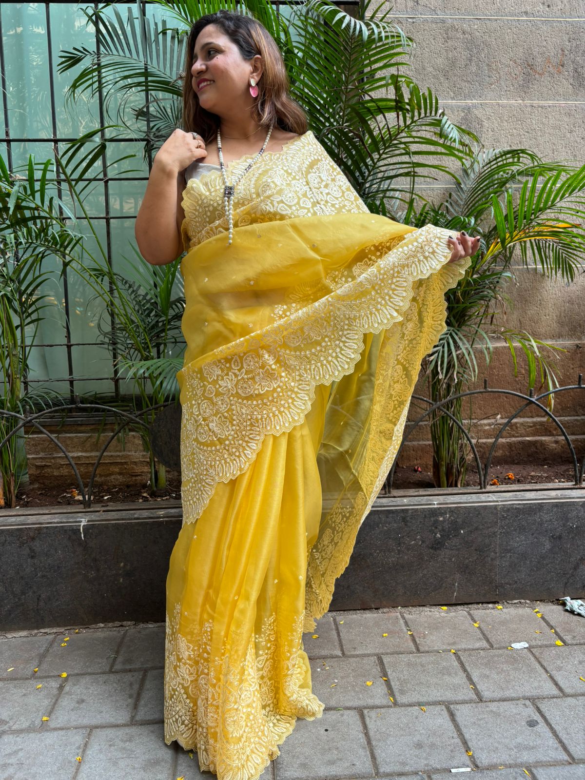 Yellow Trendy Pure Organza Silk Embroidered Saree - Luxurion World