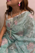 Blue Trendy Applique Work Embroidered Tissue Checks Design Saree - Luxurion World