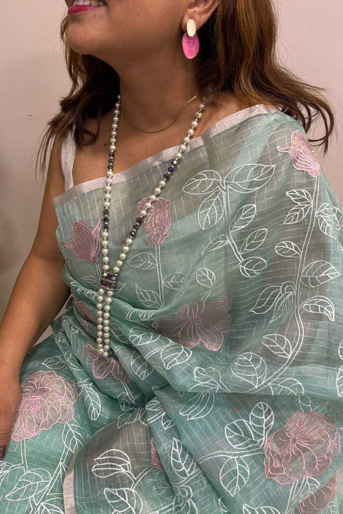Blue Trendy Applique Work Embroidered Tissue Checks Design Saree - Luxurion World