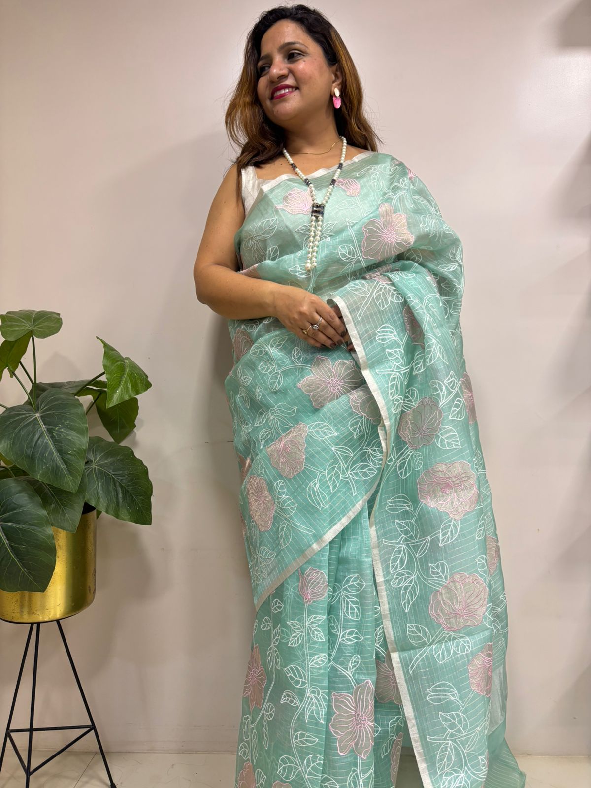 Blue Trendy Applique Work Embroidered Tissue Checks Design Saree - Luxurion World