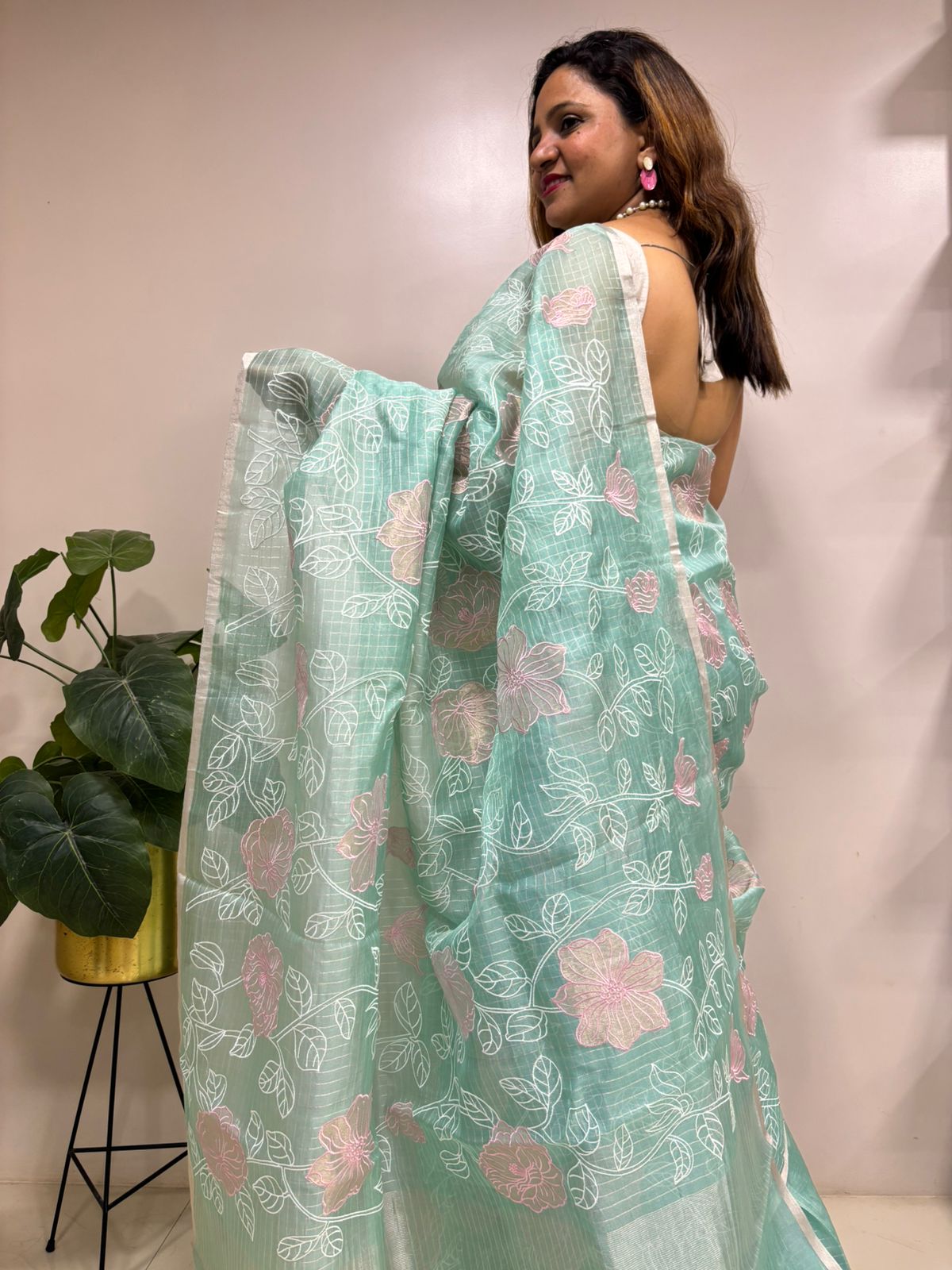 Blue Trendy Applique Work Embroidered Tissue Checks Design Saree - Luxurion World