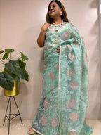 Blue Trendy Applique Work Embroidered Tissue Checks Design Saree - Luxurion World