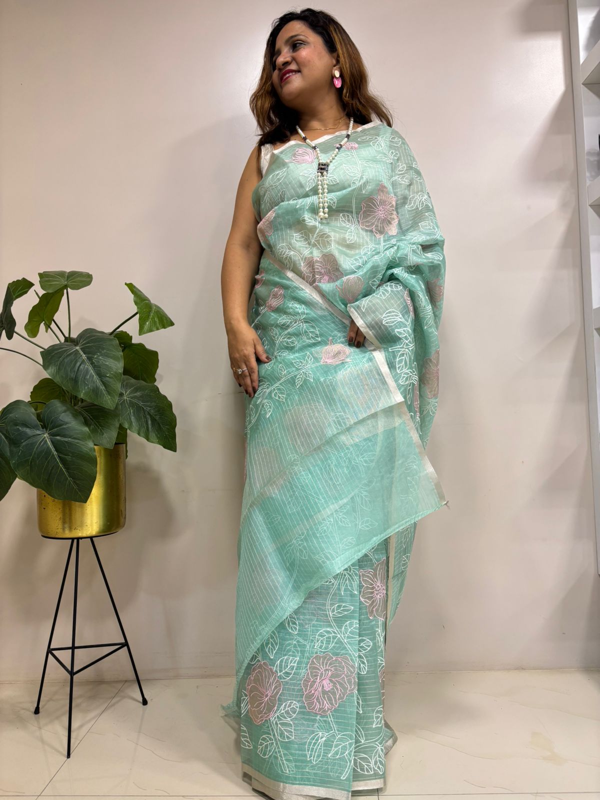 Blue Trendy Applique Work Embroidered Tissue Checks Design Saree - Luxurion World