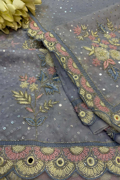 Powder Blue Hand Work Cutdana And Sequins Work Pure Organza Trendy Saree With Heavy Work Crepe Blouse - Luxurion World