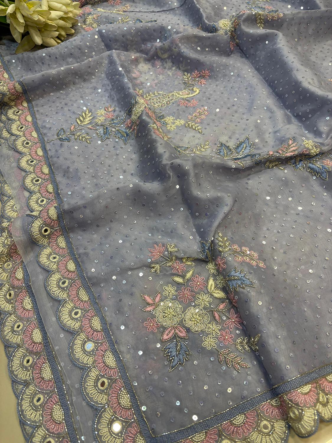 Powder Blue Hand Work Cutdana And Sequins Work Pure Organza Trendy Saree With Heavy Work Crepe Blouse - Luxurion World