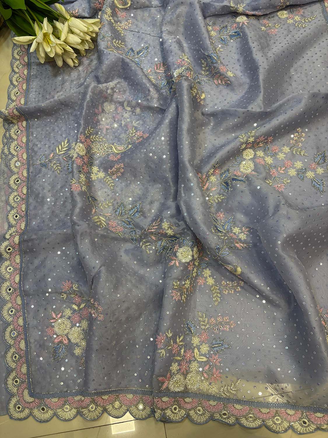 Powder Blue Hand Work Cutdana And Sequins Work Pure Organza Trendy Saree With Heavy Work Crepe Blouse - Luxurion World