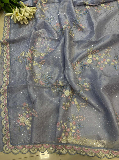 Powder Blue Hand Work Cutdana And Sequins Work Pure Organza Trendy Saree With Heavy Work Crepe Blouse - Luxurion World