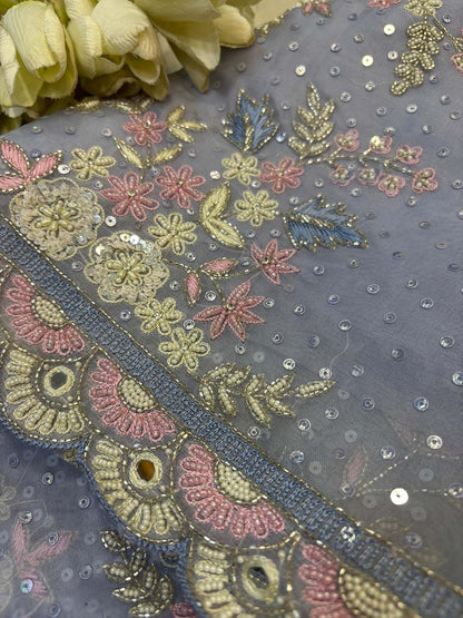 Powder Blue Hand Work Cutdana And Sequins Work Pure Organza Trendy Saree With Heavy Work Crepe Blouse - Luxurion World