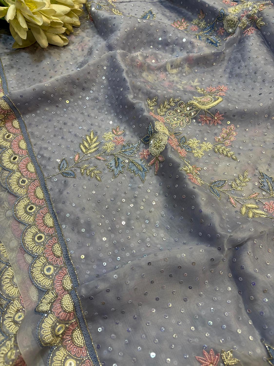 Powder Blue Hand Work Cutdana And Sequins Work Pure Organza Trendy Saree With Heavy Work Crepe Blouse - Luxurion World