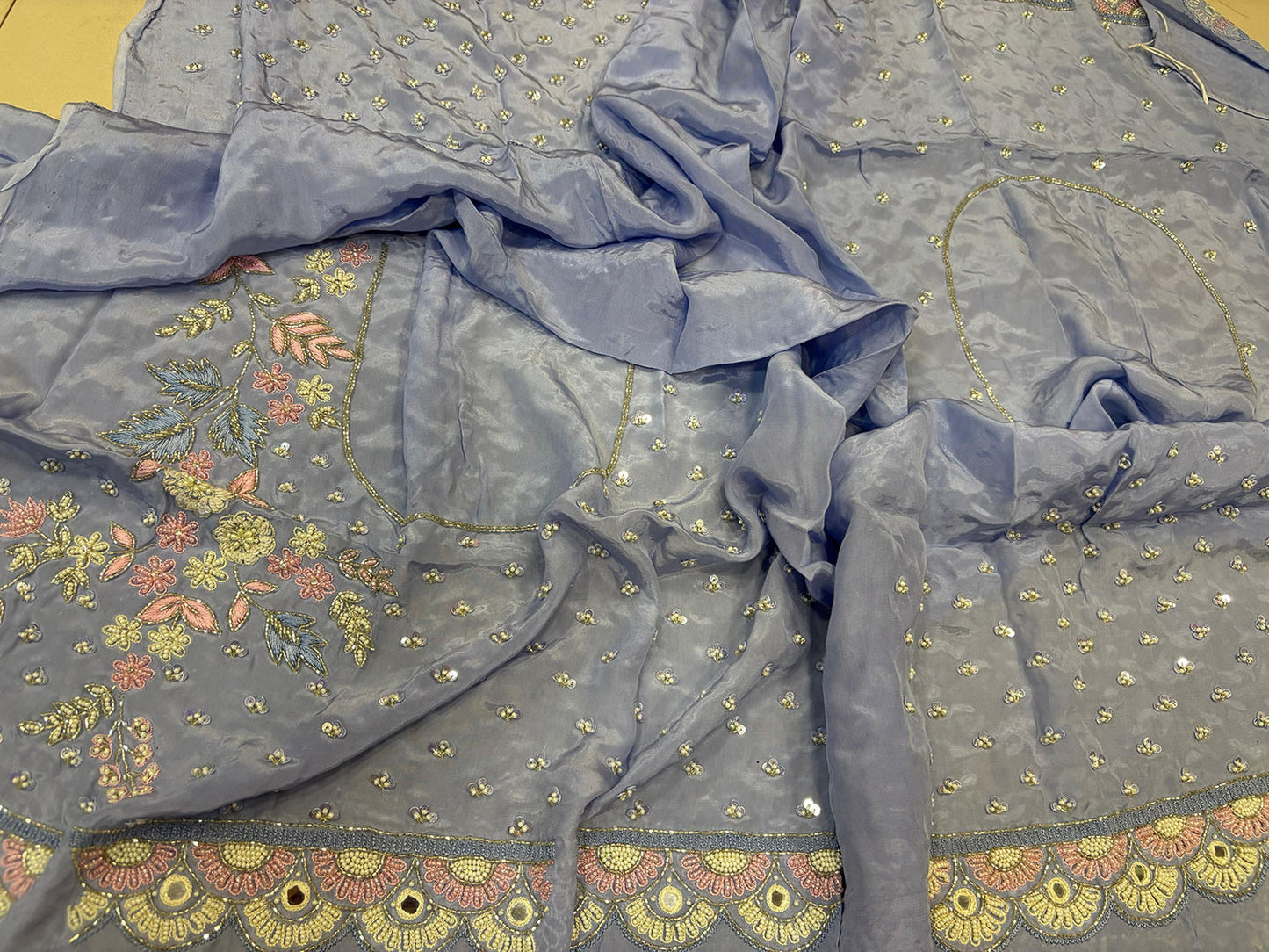 Powder Blue Hand Work Cutdana And Sequins Work Pure Organza Trendy Saree With Heavy Work Crepe Blouse - Luxurion World