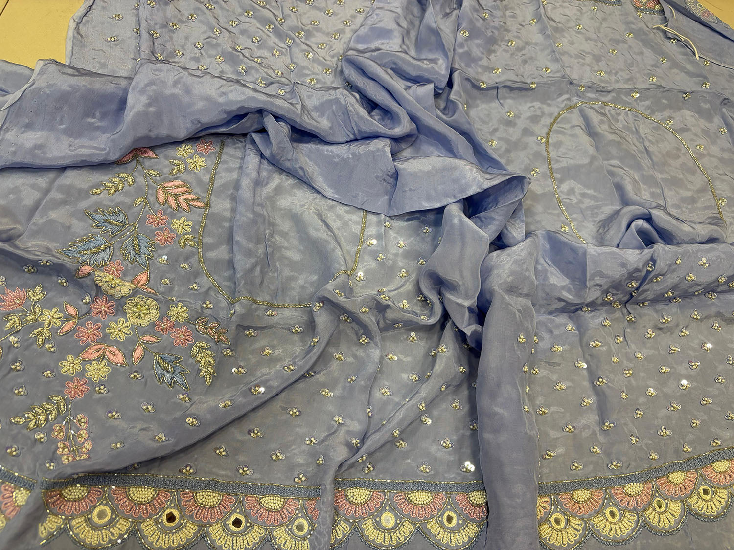 Powder Blue Hand Work Cutdana And Sequins Work Pure Organza Trendy Saree With Heavy Work Crepe Blouse - Luxurion World