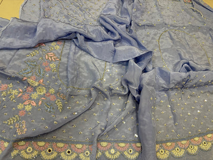 Powder Blue Hand Work Cutdana And Sequins Work Pure Organza Trendy Saree With Heavy Work Crepe Blouse - Luxurion World