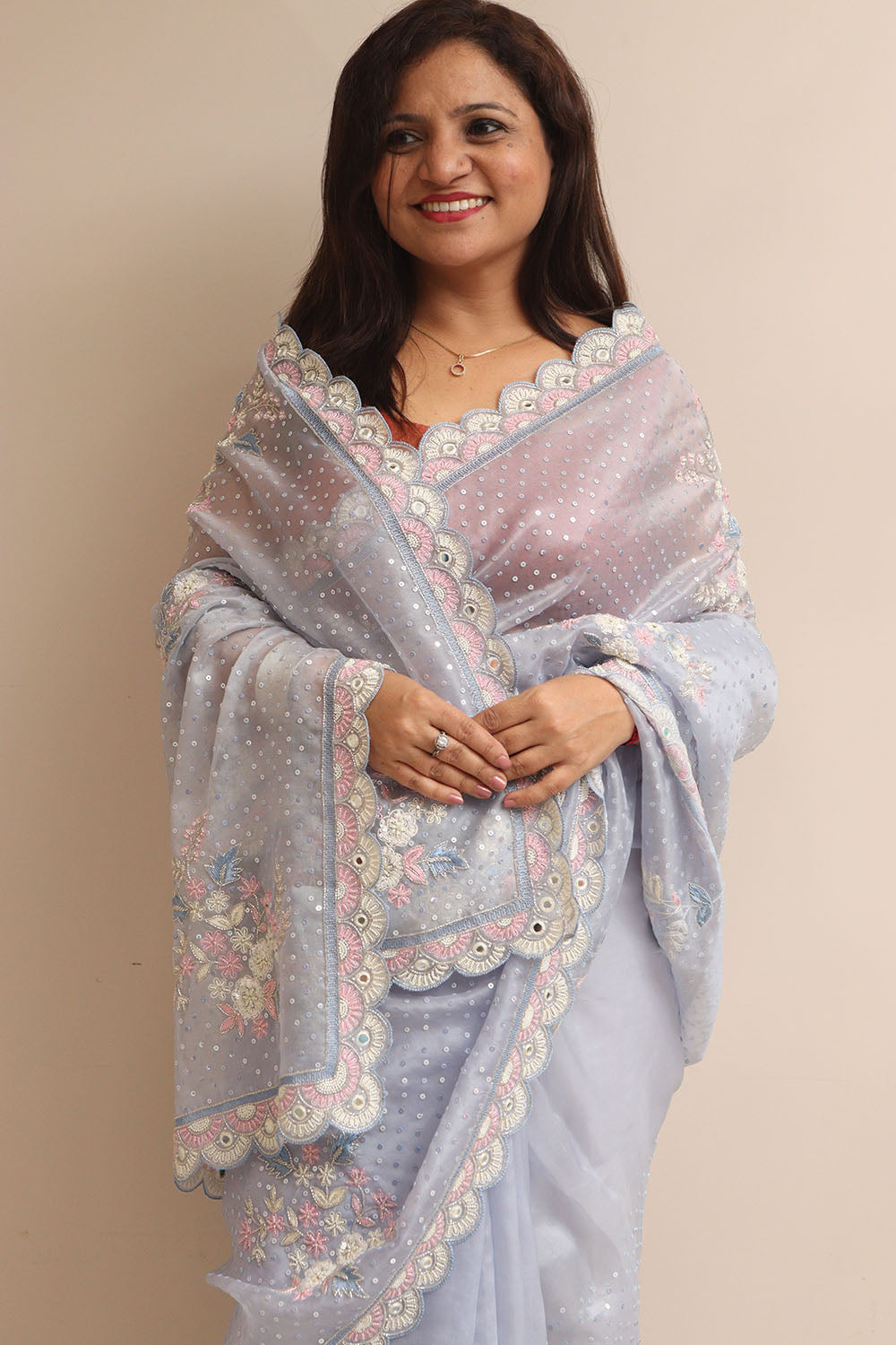 Powder Blue Hand Work Cutdana And Sequins Work Pure Organza Trendy Saree With Heavy Work Crepe Blouse - Luxurion World