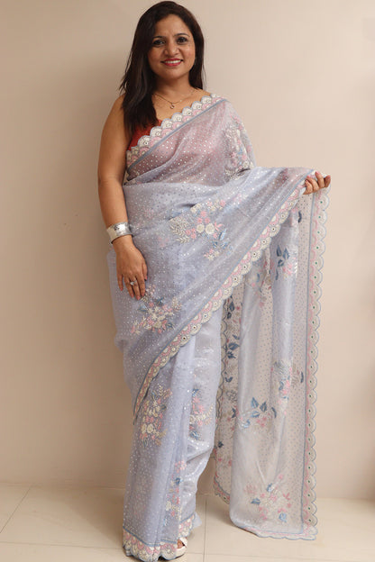 Powder Blue Hand Work Cutdana And Sequins Work Pure Organza Trendy Saree With Heavy Work Crepe Blouse - Luxurion World