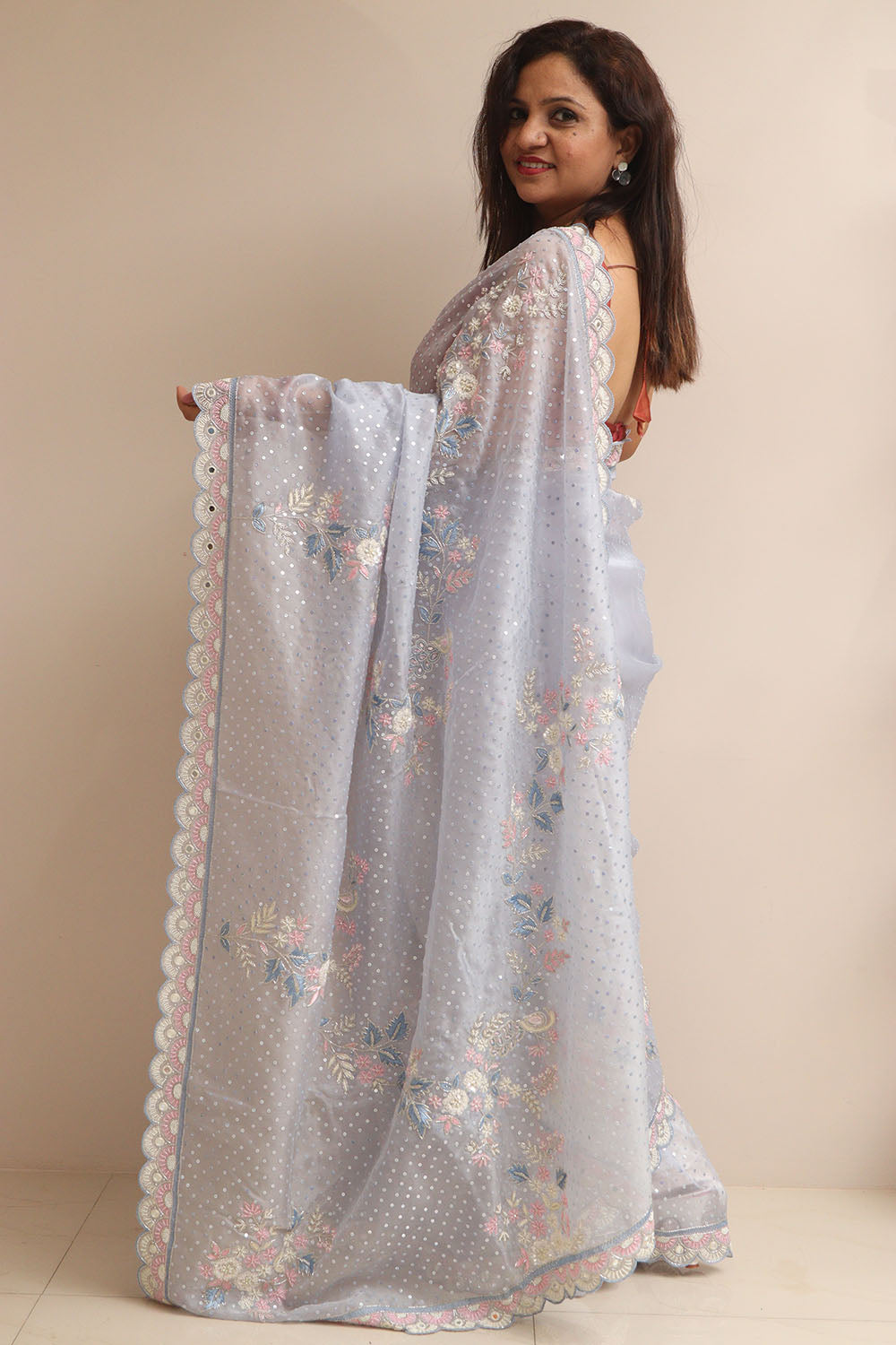 Powder Blue Hand Work Cutdana And Sequins Work Pure Organza Trendy Saree With Heavy Work Crepe Blouse - Luxurion World