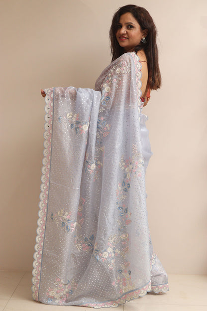 Powder Blue Hand Work Cutdana And Sequins Work Pure Organza Trendy Saree With Heavy Work Crepe Blouse - Luxurion World