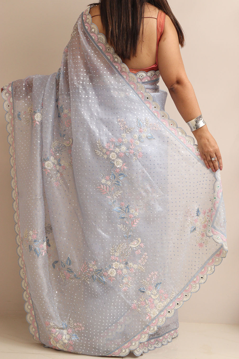 Powder Blue Hand Work Cutdana And Sequins Work Pure Organza Trendy Saree With Heavy Work Crepe Blouse - Luxurion World