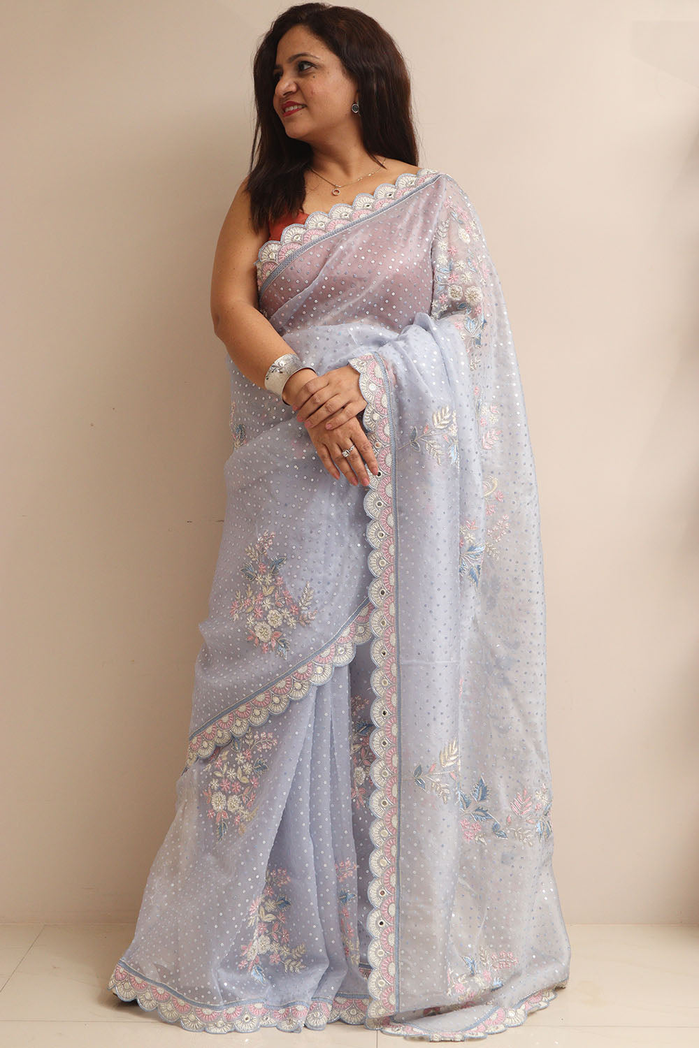 Powder Blue Hand Work Cutdana And Sequins Work Pure Organza Trendy Saree With Heavy Work Crepe Blouse - Luxurion World