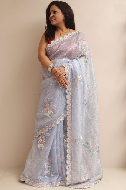 Powder Blue Hand Work Cutdana And Sequins Work Pure Organza Trendy Saree With Heavy Work Crepe Blouse - Luxurion World