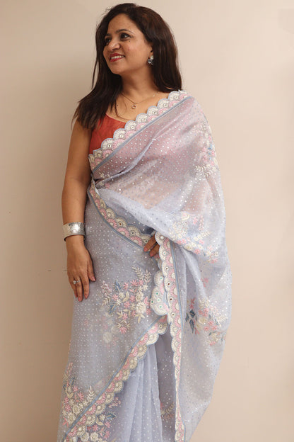 Powder Blue Hand Work Cutdana And Sequins Work Pure Organza Trendy Saree With Heavy Work Crepe Blouse - Luxurion World
