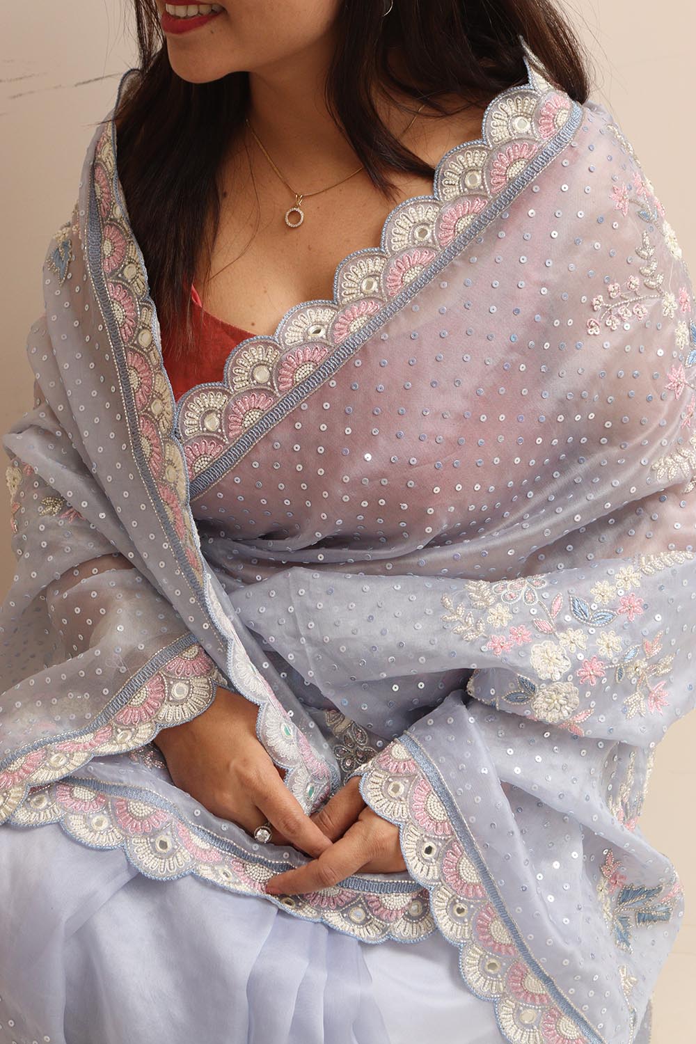 Powder Blue Hand Work Cutdana And Sequins Work Pure Organza Trendy Saree With Heavy Work Crepe Blouse - Luxurion World